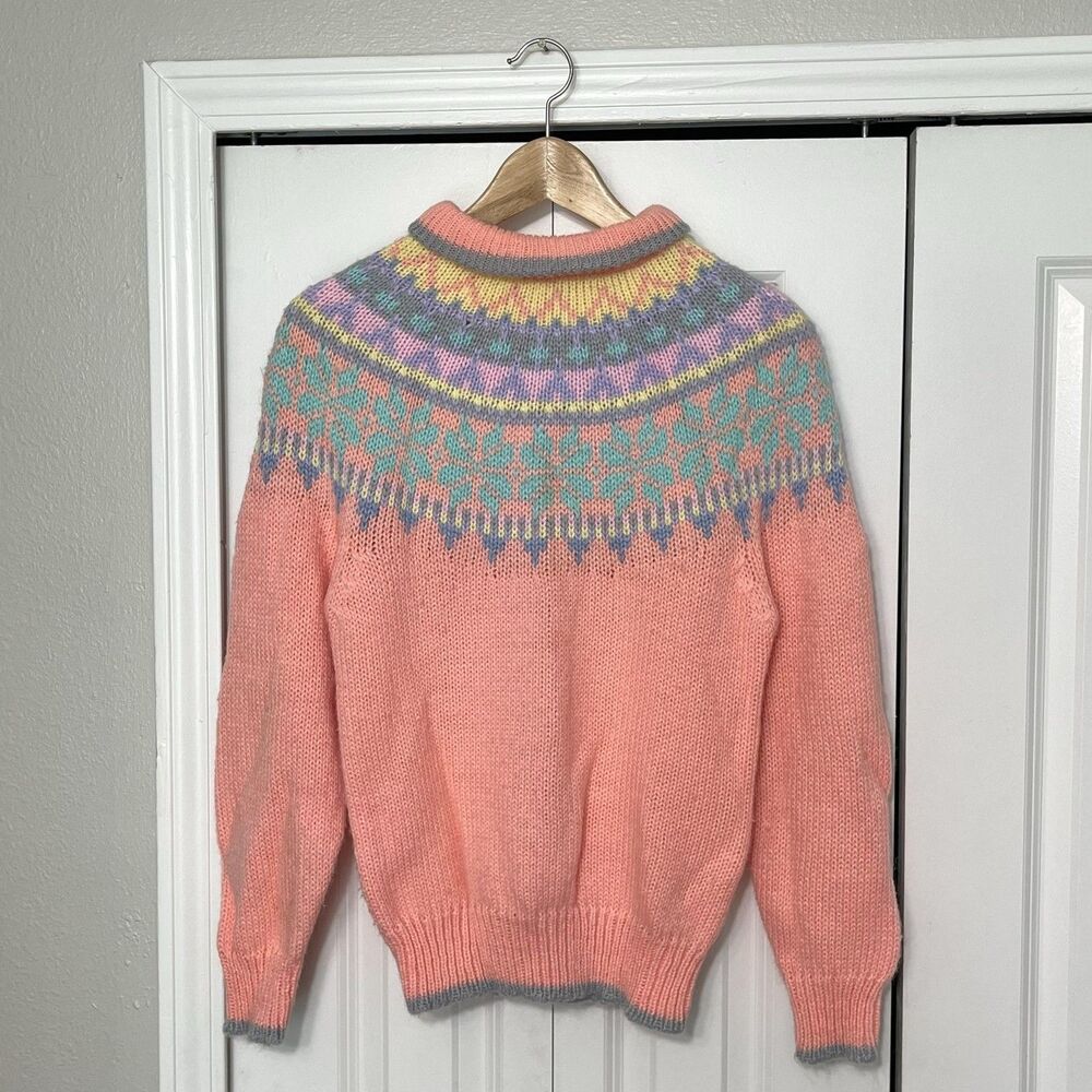 Vintage Stefano Sweater Womens M Pink Pastel Fair Isle Lopapeysa Fairy Kei Yoke